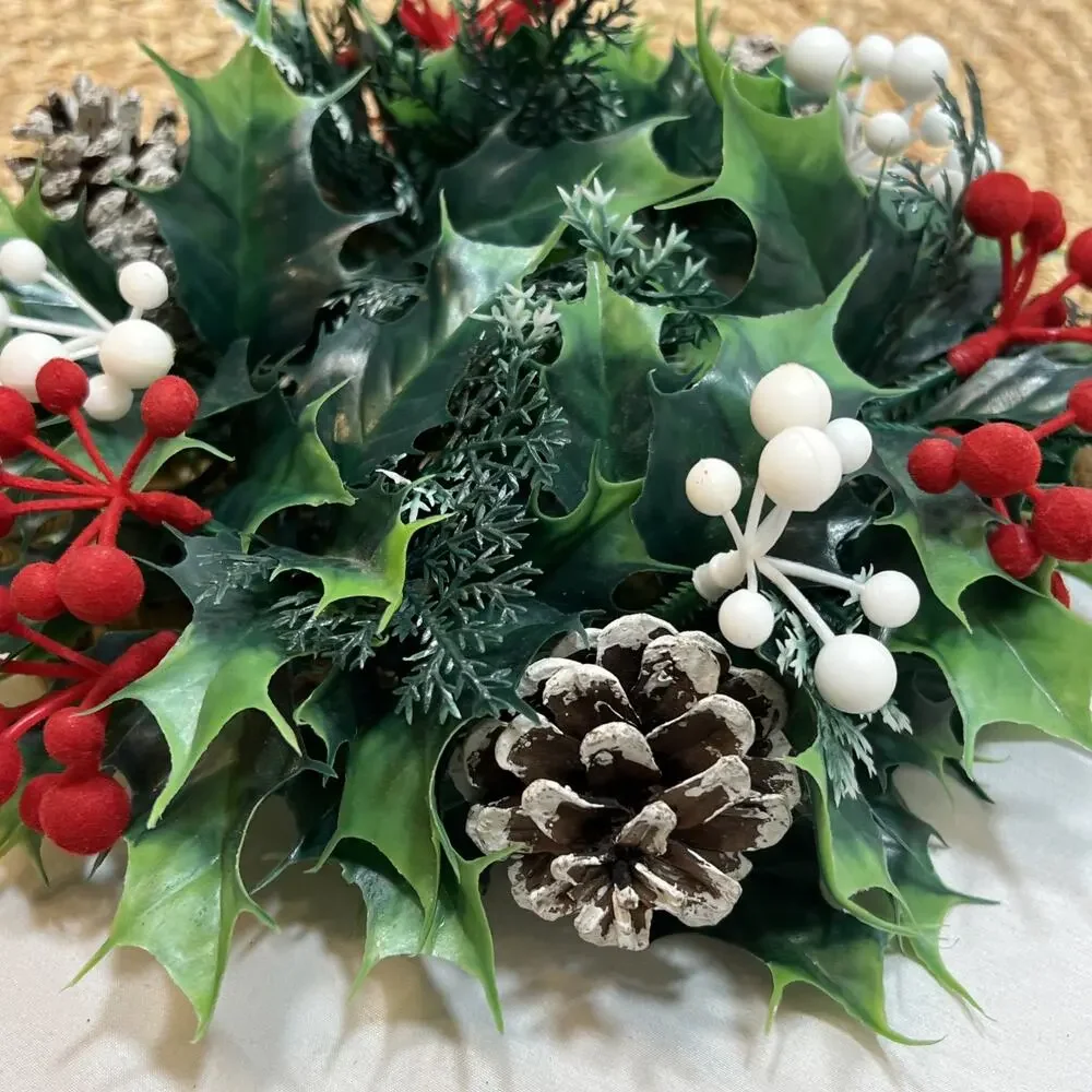 Vintage Candle Ring Wreath MCM Mid Century Flocked Red Berries Holly Pinecones